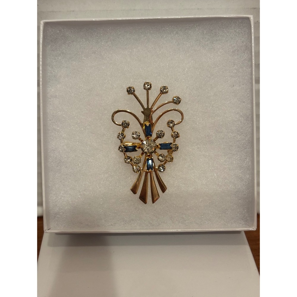 Vintage Gold Tone Spray Brooch Blue Baguette Clear Rhinestone Mid Century Pin